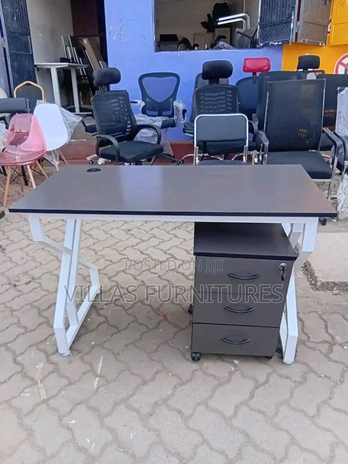 Modern Metallic Study Table and Pedestal Movable Drawers