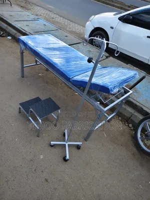 Examination Blue Bed With Drip Stand and Stepping Stool