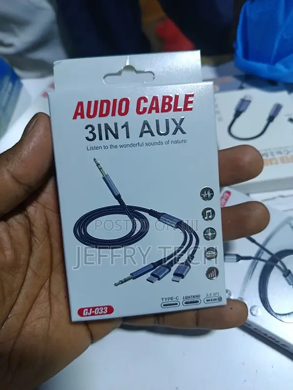 3-in-1 Auxiliary Audio Cable Featuring Type-C, Lightning, and 3.5mm