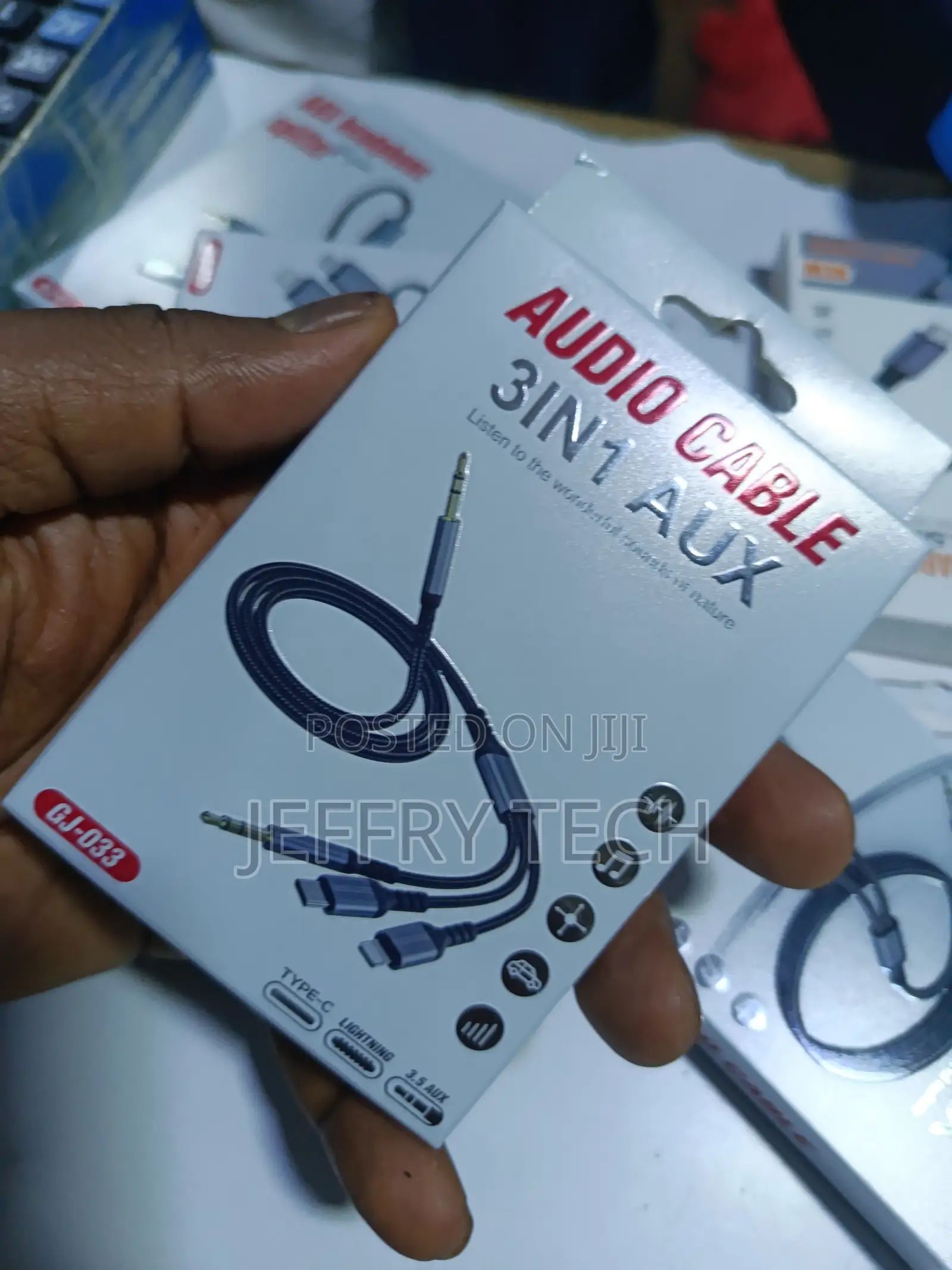 3-in-1 Auxiliary Audio Cable Featuring Type-C, Lightning, and 3.5mm
