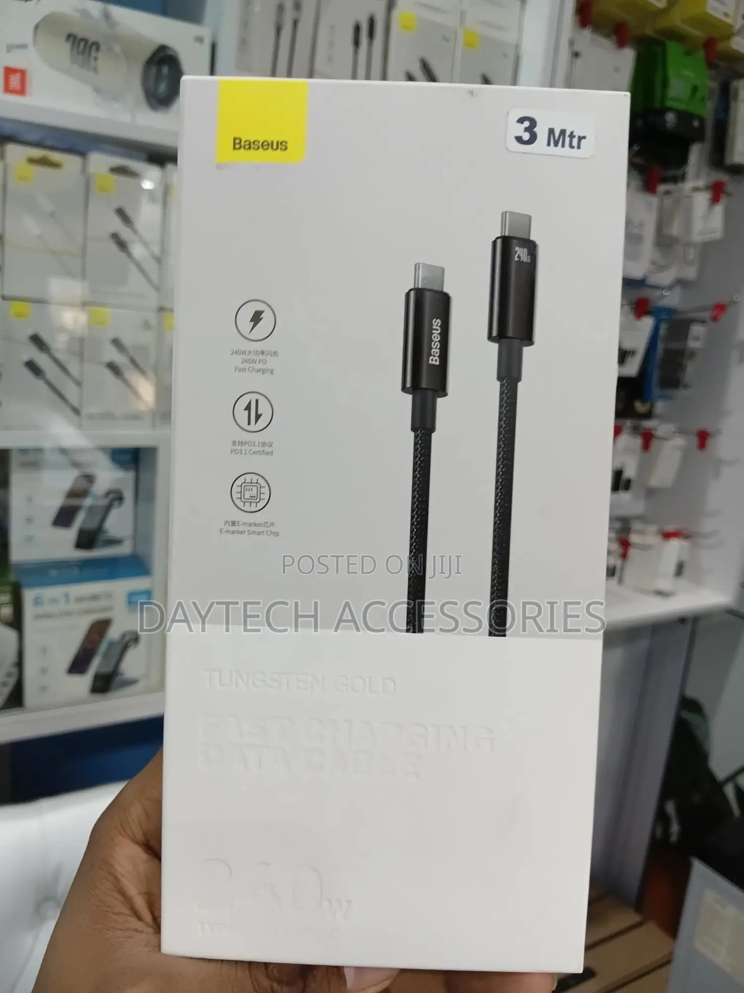 Baseus Tungsten Gold Fast Charging Data Cable (240w, 3m).