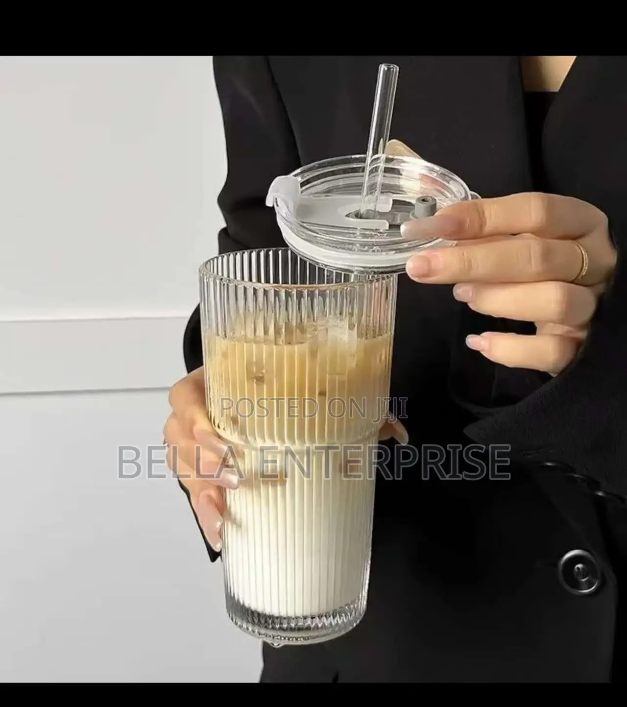 Available Round Vertical Stripped Glass Cup With Lid Straw