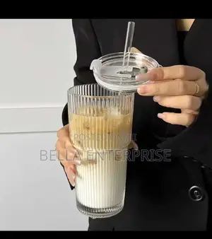 Available Round Vertical Stripped Glass Cup With Lid Straw