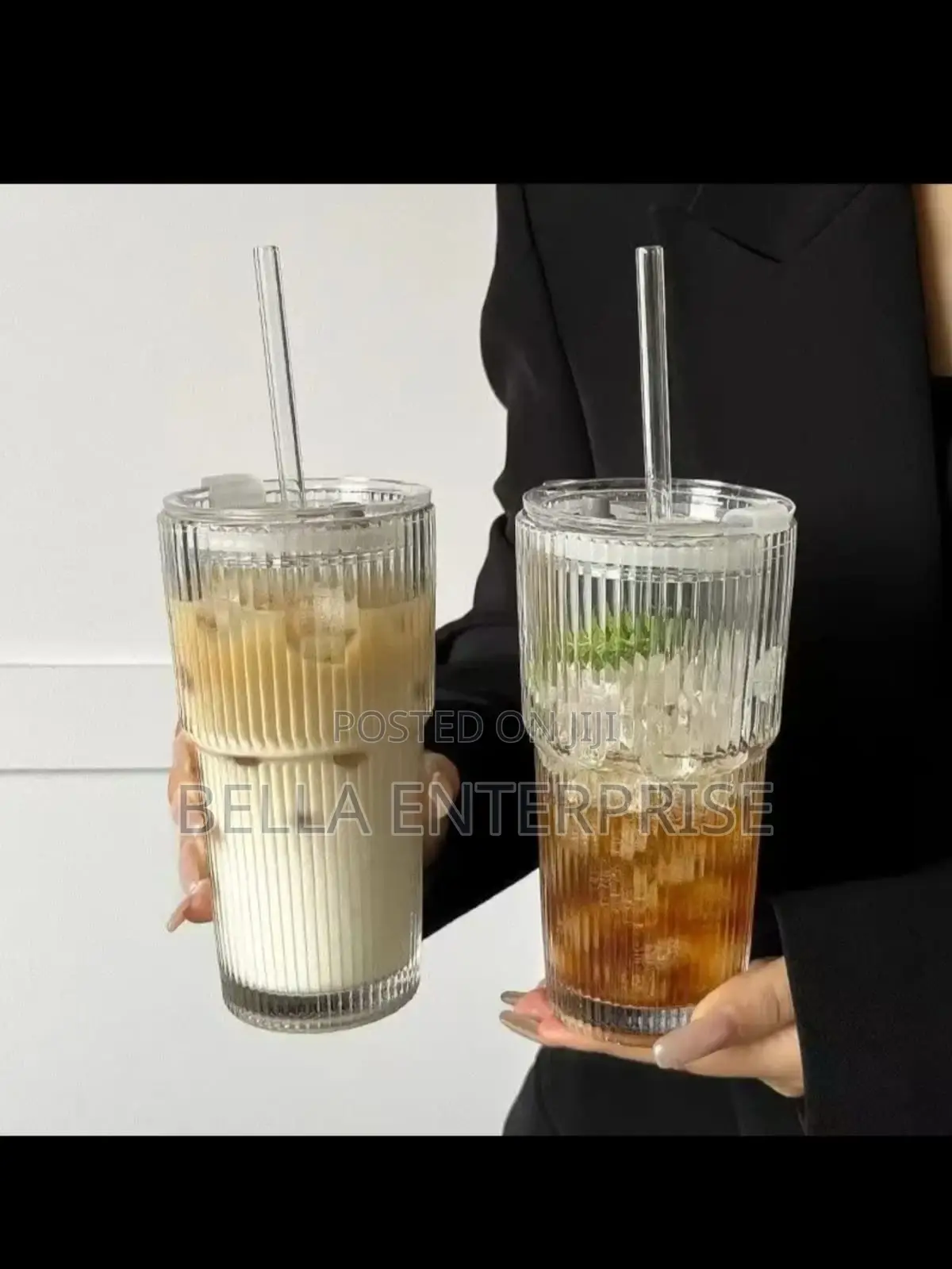 Available Round Vertical Stripped Glass Cup With Lid Straw