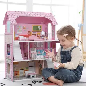 Large Size Pink Wooden Kids Doll House With Furniture Set