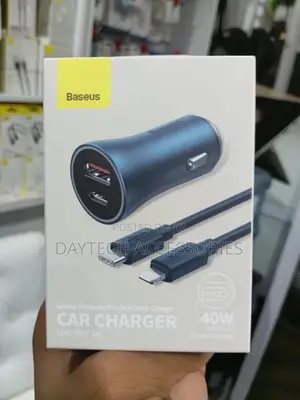 Baseus Dual Car Charger U+C 40w Dark Gray + Usb-C to Lightning