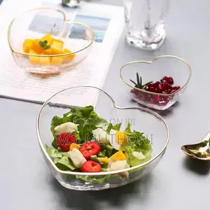 3 PCS Love  Shaped Golden Trim Hammered Pattern Glass Salad Bowls
