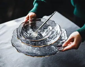 3 PCS Irregular Glacier / Hammered Glass Plate Set With a Gold-Rim