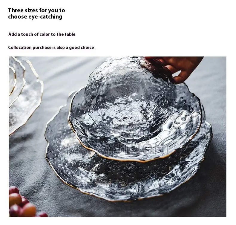 3 PCS Irregular Glacier / Hammered Glass Plate Set With a Gold-Rim