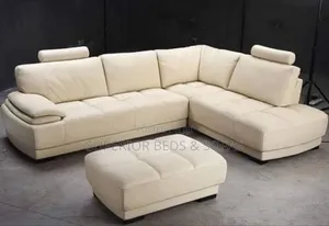 6 Seater Corner Sofa -Cream- L-Shaped + Ottoman