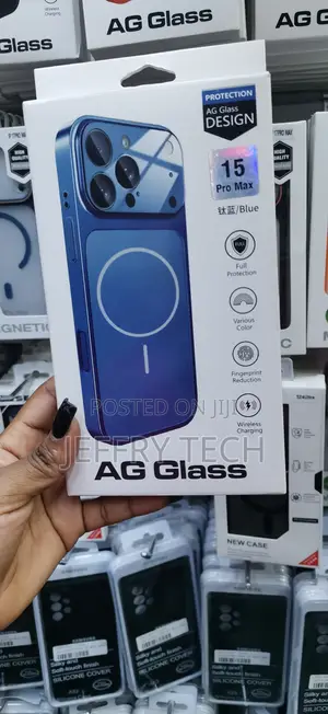 Blue Ag Glass Magnetic Back Cover Case for iPhone 15 Pro Max.