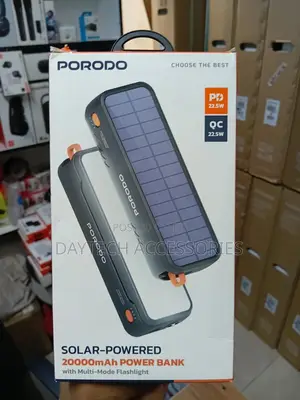 Porodo 20000mah Solar-Powered Power Bank With Multi-Mode Flashlight.