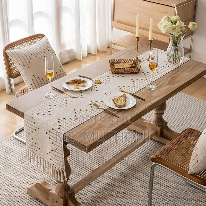 Beige Boho-Style Table Runner Featuring Decorative Knotted Tassels