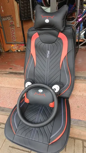 Leather 5seater Black Red Seat Cover With Steering, Pillow,Backrest