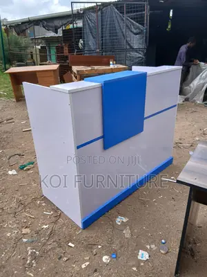 Desk : 1.6m Modern Reception Desk Featuring White Blue Color Scheme