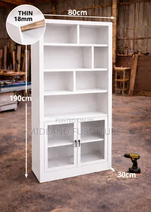 Modern White Bookshelf With Glass Cabinet (Storage Display Unit)
