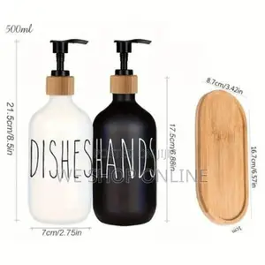 Ceramic Hand Wash and Dishes Soap Dispenser With a Bamboo Tray.