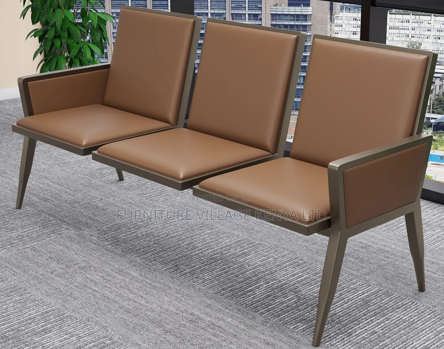 Office Bench; 3 -Link Brown Heavy Duty Reception Bench