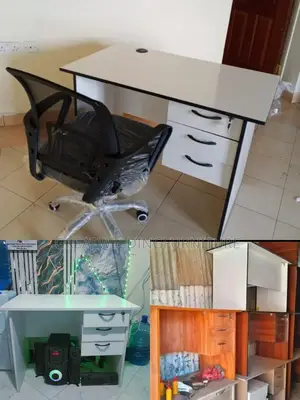White Wooden Office Desk With 3 Drawers and Black Mesh Office Chair