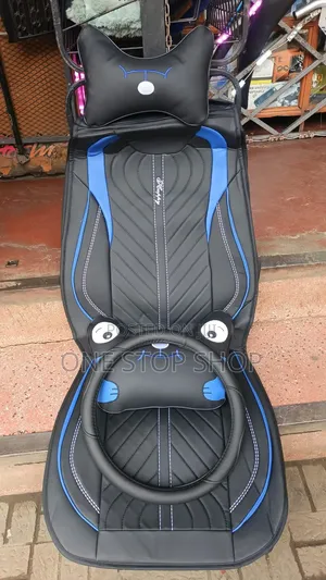 Blue Black Leather Seat Covr Complete Set With Pillow,Backrest,Stering