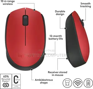 Logitech M171 Ambidextrous Rf Wireless Mouse - Red