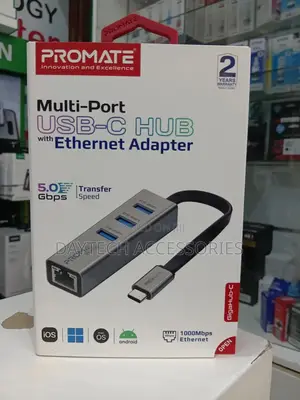 Promate Gigahub-C Usb-C Hub 3 Ports With Ethernet Adapter.