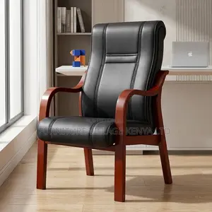 Leather Office Visitor Seat With Mahogany Armrest