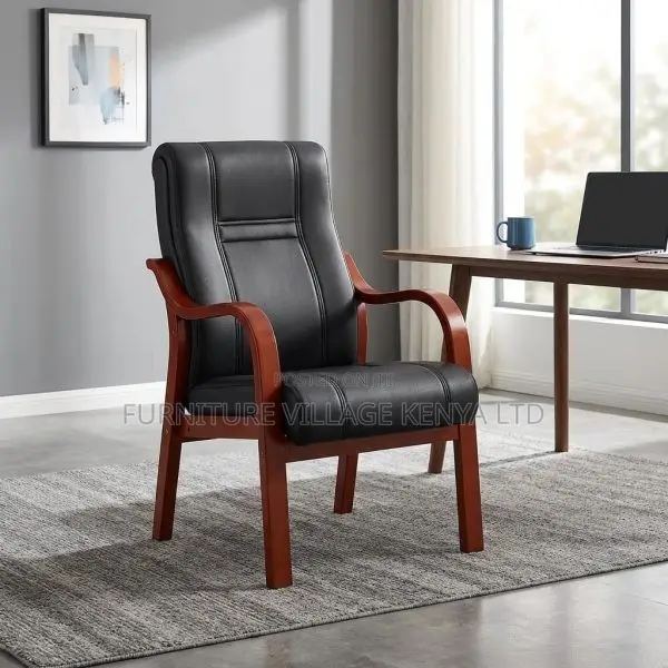 Leather Office Visitor Seat With Mahogany Armrest