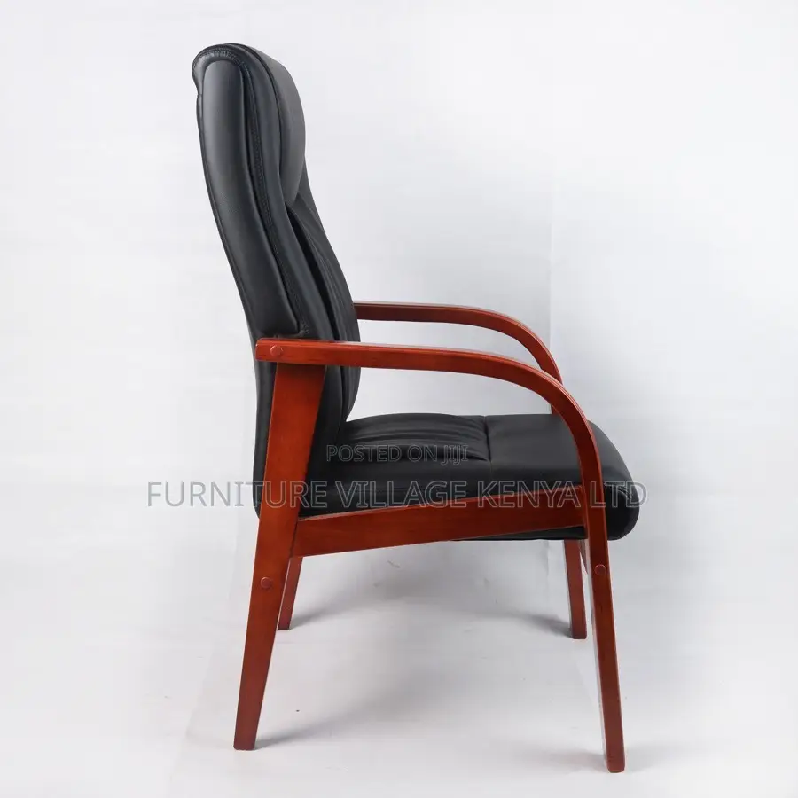 Leather Office Visitor Seat With Mahogany Armrest