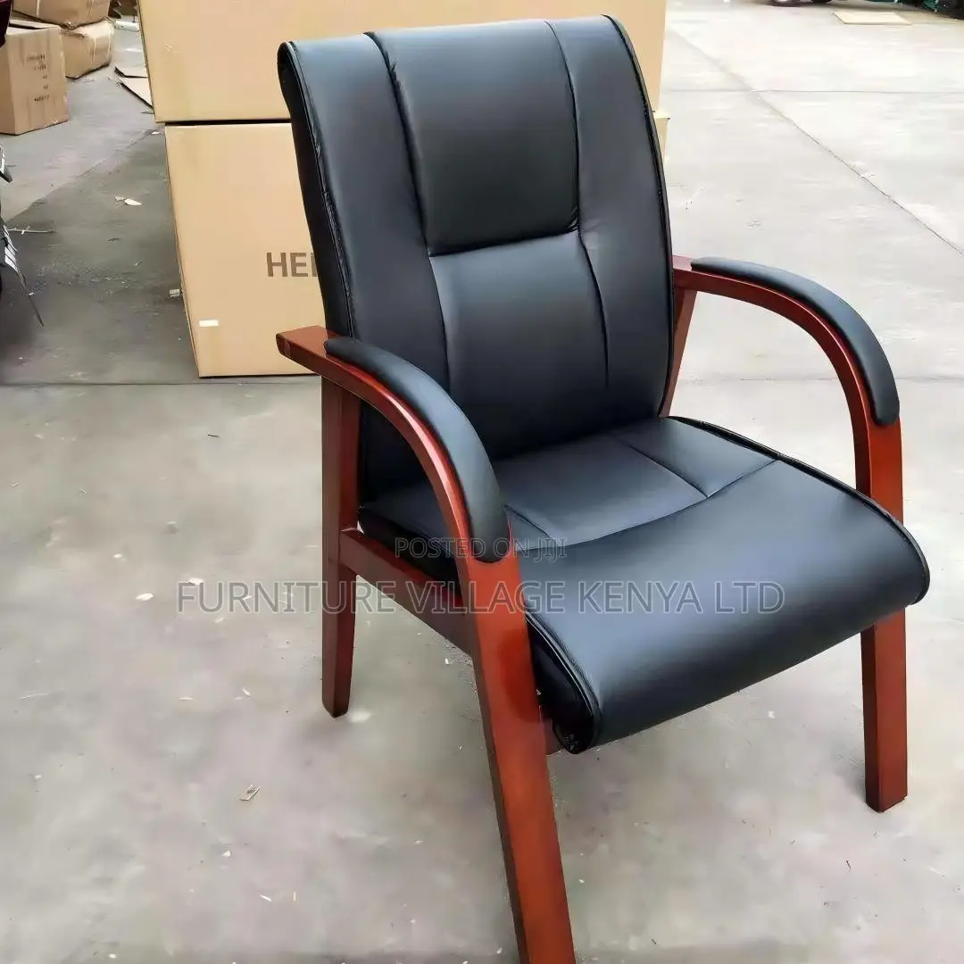Leather Office Visitor Seat With Mahogany Armrest