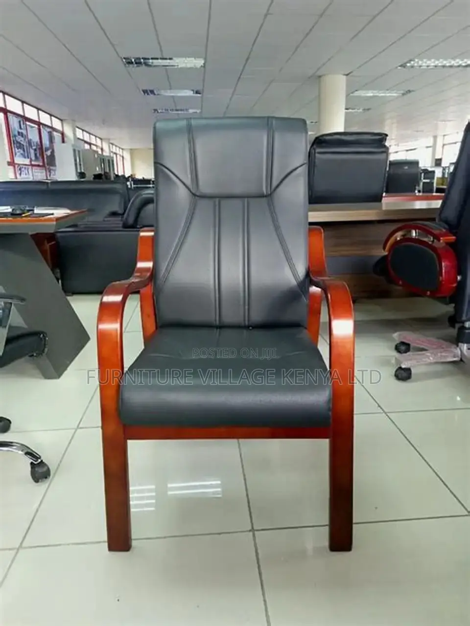 Leather Office Visitor Seat With Mahogany Armrest
