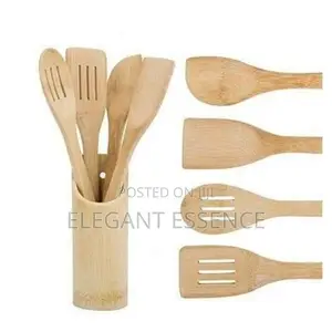 4pc Bamboo Cooking Spoons + Holder Mwiko Set