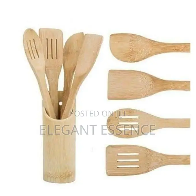 4pc Bamboo Cooking Spoons + Holder Mwiko Set