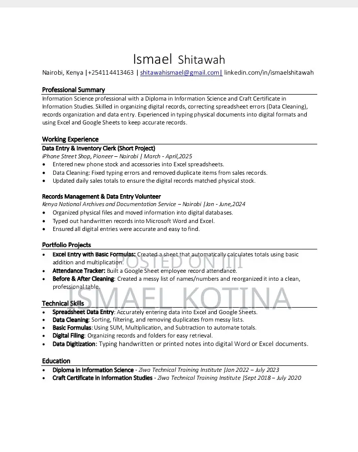 Admin Support, Cv Editing, Data Entry Records Organization