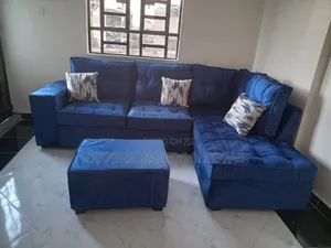 Soft Blue Fabric L-Shaped Sofa. (5 Seater)