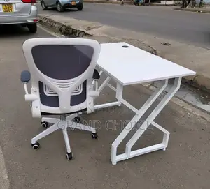 White Metallic Office Table With White Office Chair