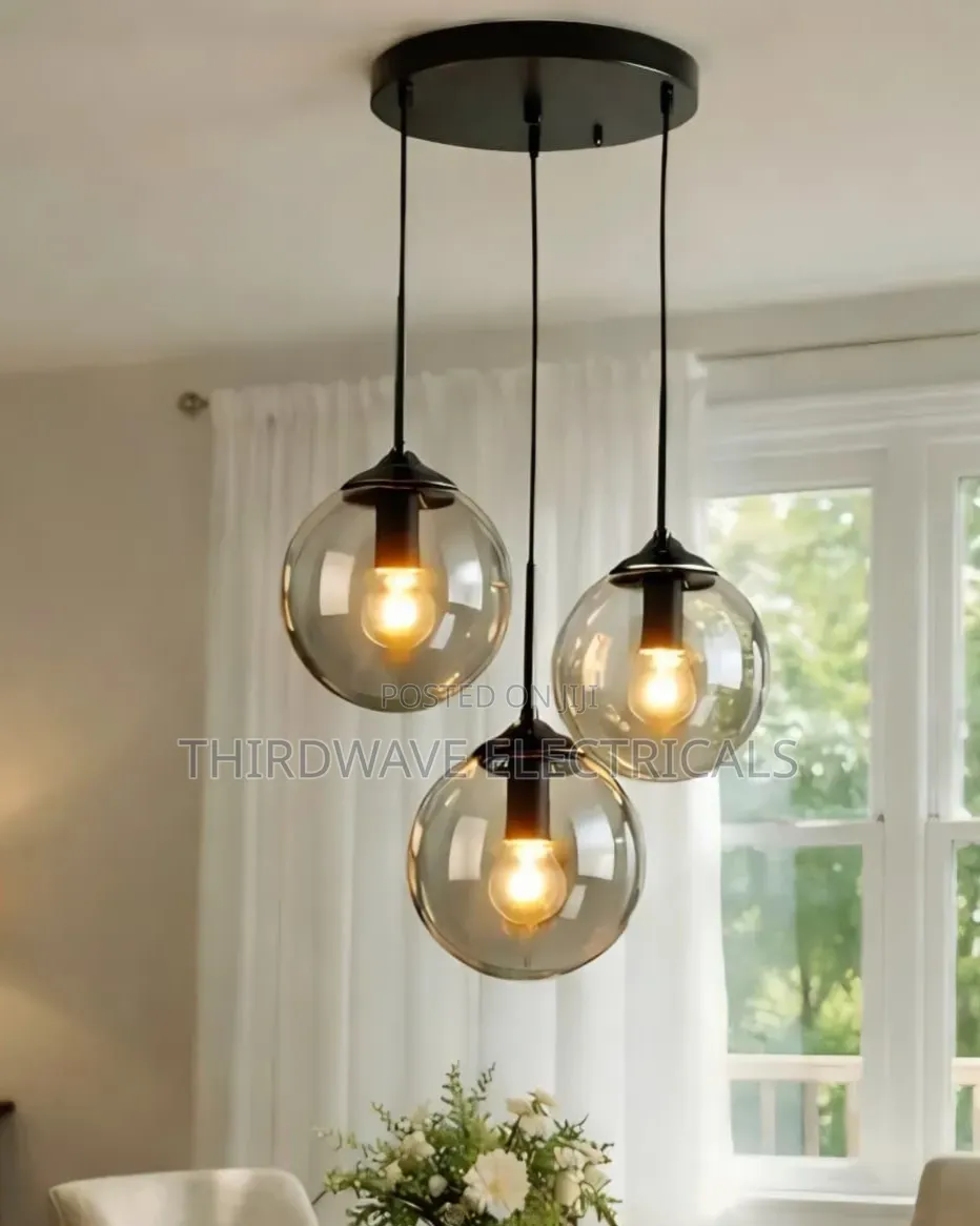3-Light Matte Black Contemporary Clear Glass Globe Pendant Light.