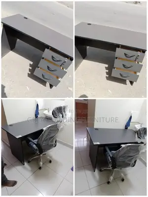 Grey Wooden Office Desk With Ergonomic Mesh Chair