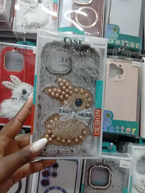 Brand iPhone 14 Phone Cover Featuring a Fuzzy Gray Plush Rabbit