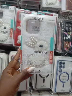 Fluffy White Phone Case With a 3d Bunny, Pearls, and Diamonds,