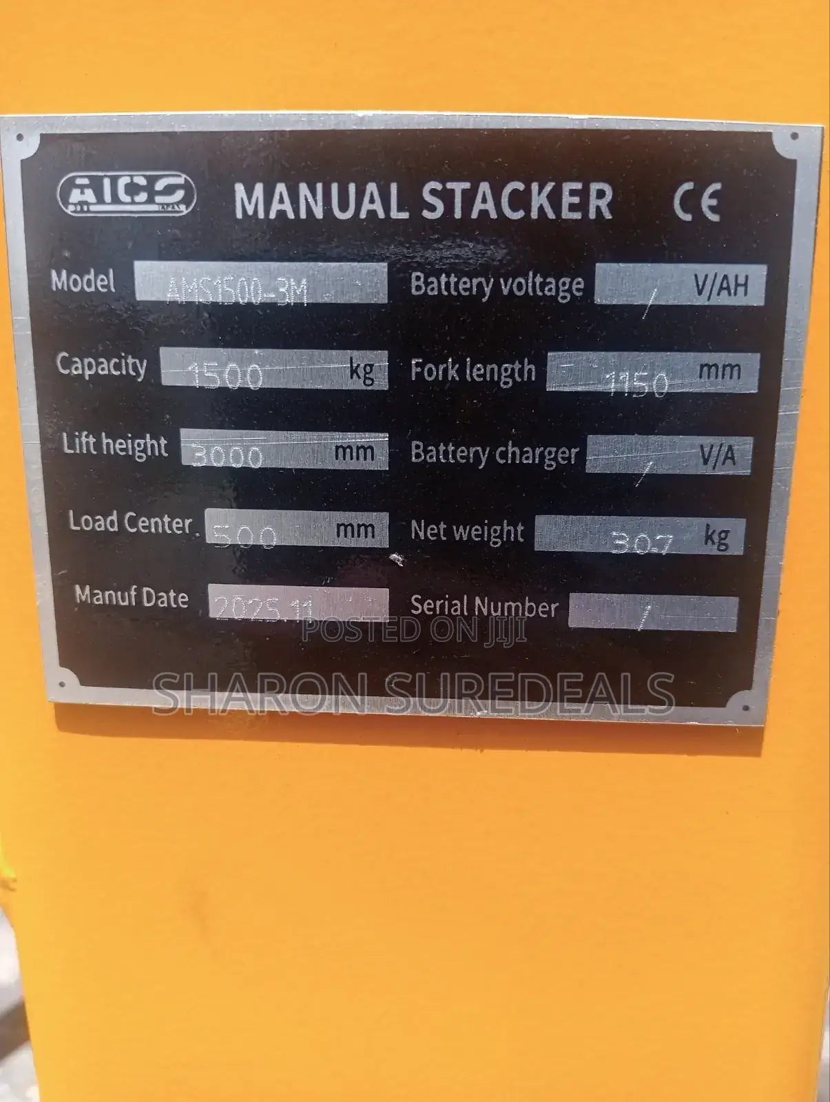 Hydraulic Manual Stacker 1.5tonne/3mtrs