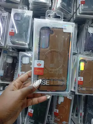 Brown Leather Magnetic Phone Case for the Samsung Galaxy S22+.