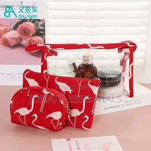 3-in-1 Transparent Flamingo Travel Makeup Bag Set