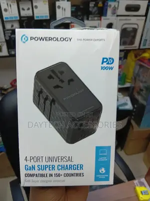 This Is a Powerology 100w 4-Port Universal Gan Super Travel Charger.