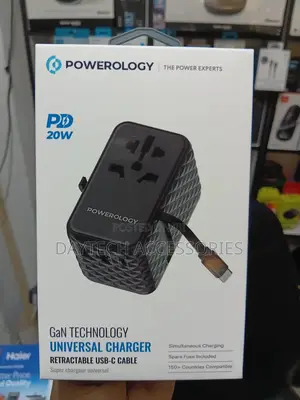 Powerology Gan 20w Pd Travel Adapter With a Retractable Type-C Cable.