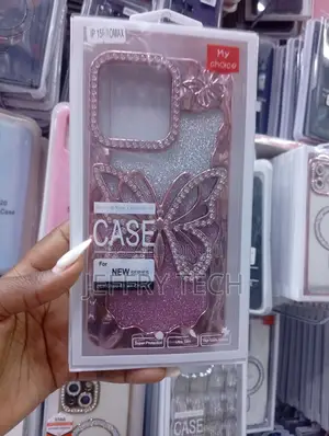 iPhone 15 Pro Max Glittery Pink Butterfly-Themed Phone Case