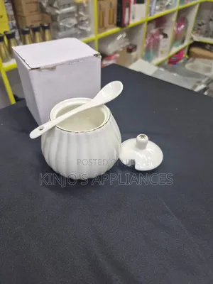 Gold Rimmed Ceramic Sugar Dish With Spoon Available in White