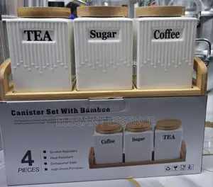 3pc Ceramic Canister Set With Bamboo Lids Tray