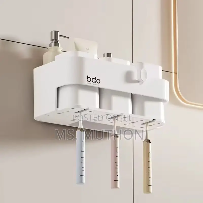 White Bathroom Wall Mounted Toothbrush Holder With 3 Cups.