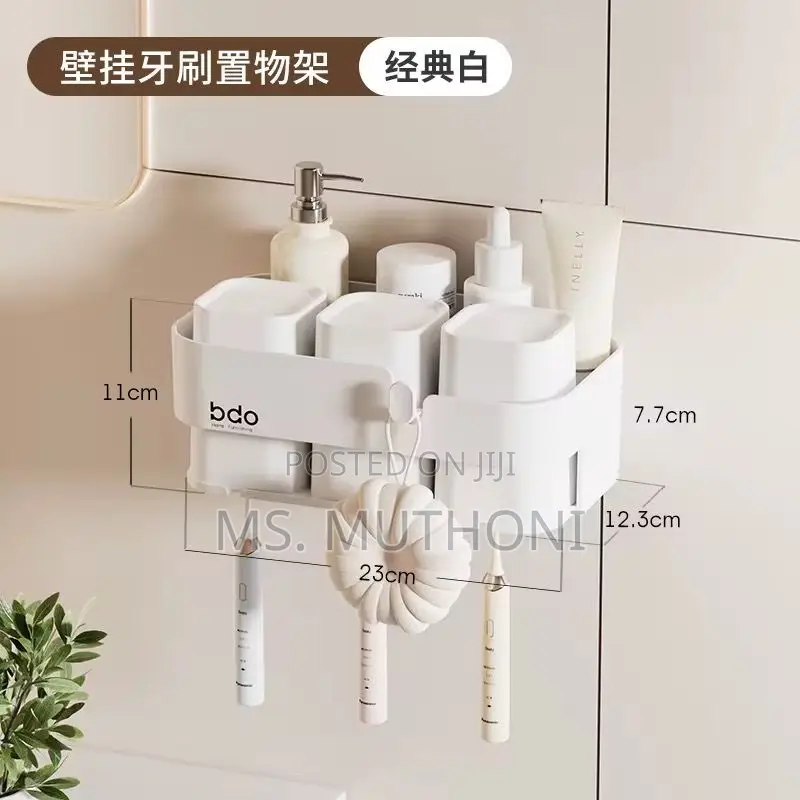 White Bathroom Wall Mounted Toothbrush Holder With 3 Cups.